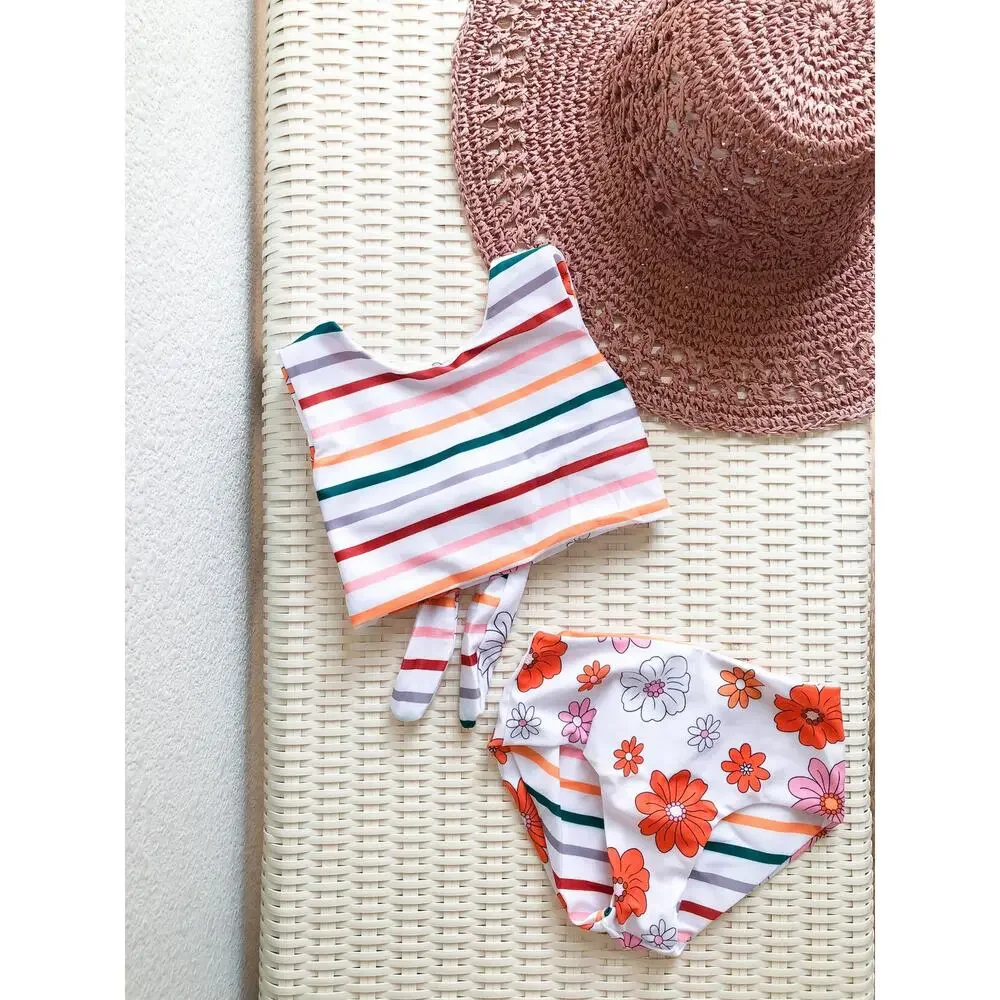 Blossom Babe 2pc Reversible Boho Floral + Stripes Swimsuit Set 2/3T